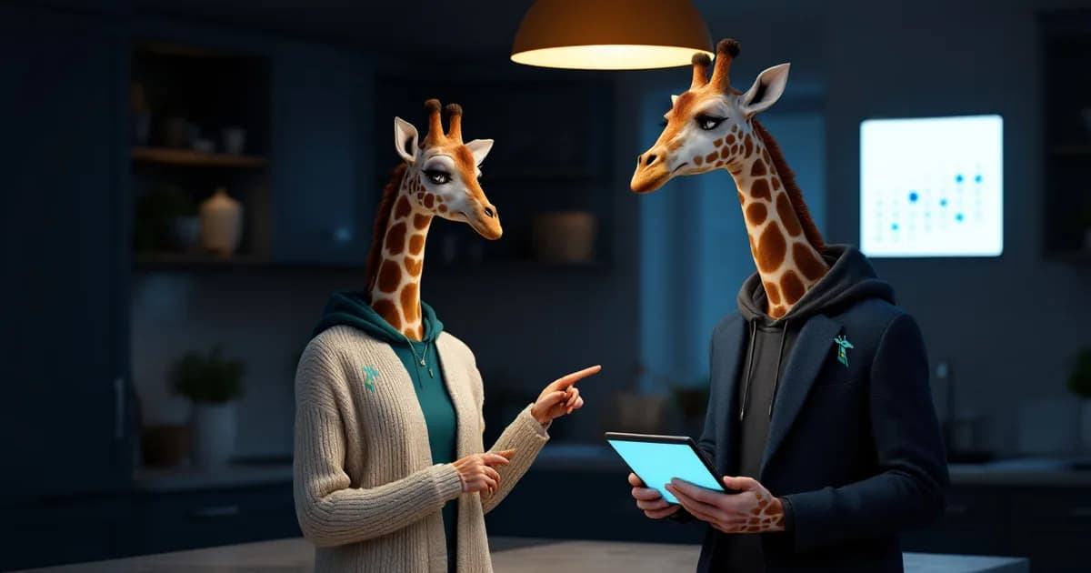 AI-generated image: our household agent and our chief of staff agent, drawn as giraffes in the Genesis Flow Labs house style, going over the week's meals on a kitchen calendar late in the evening.