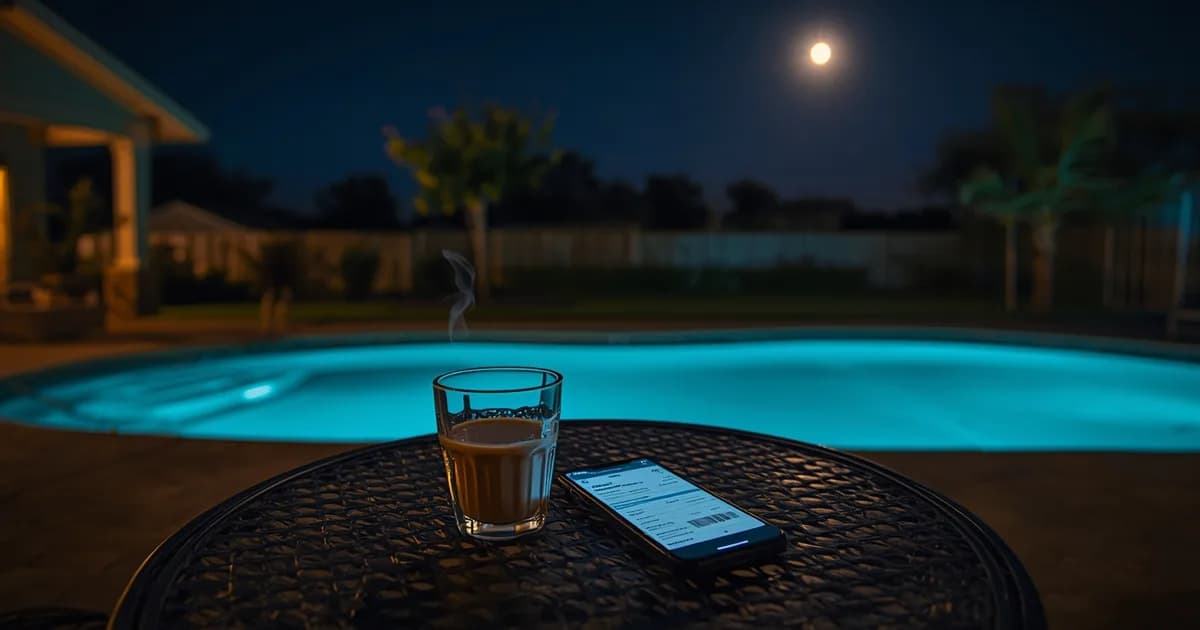 AI-generated image: a backyard pool under a full moon, a glass of chai and a phone showing a barcode invoice on a patio table.