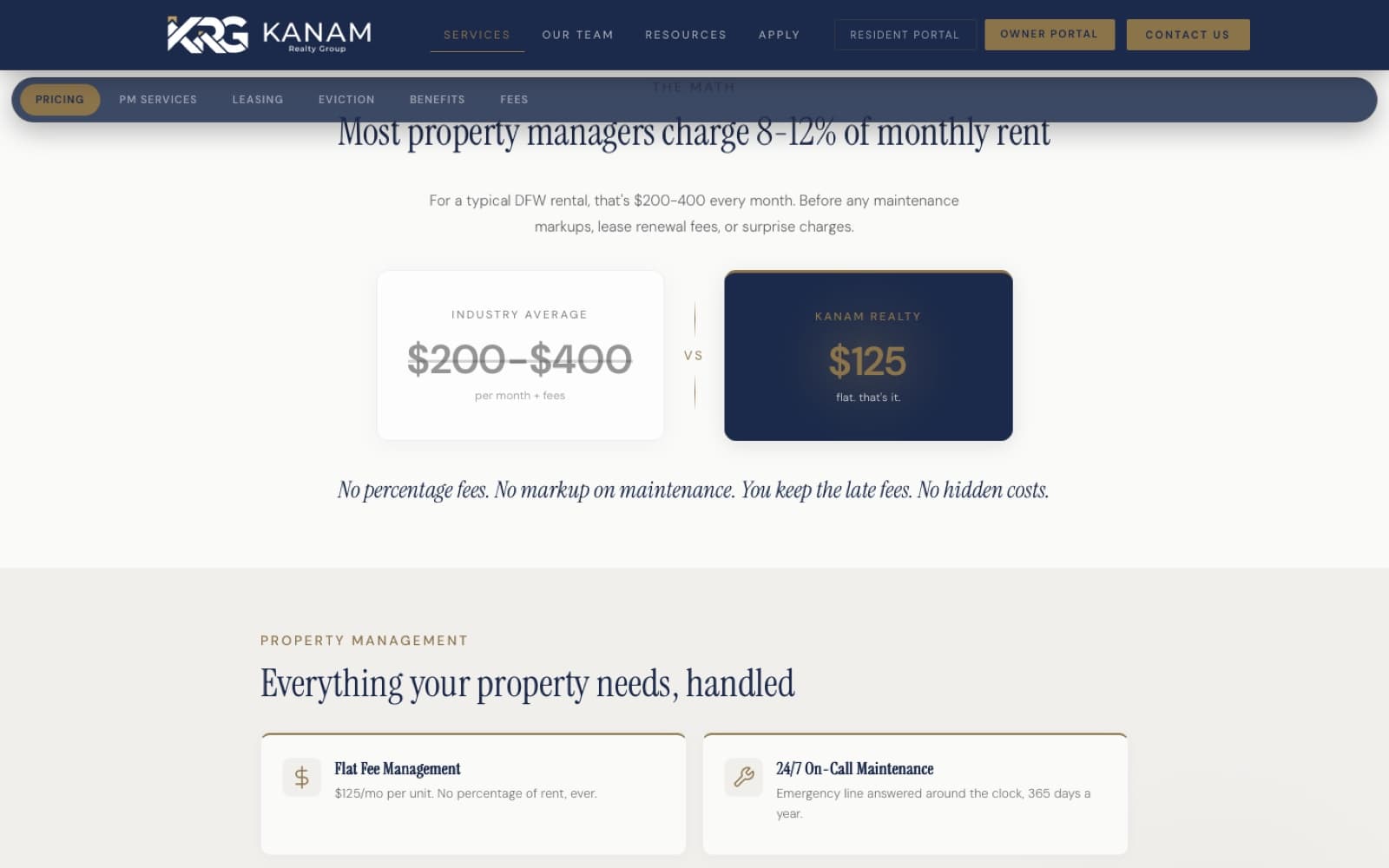 Kanam Realty Group pricing section: industry average $200 to $400 per month versus Kanam's $125 flat fee