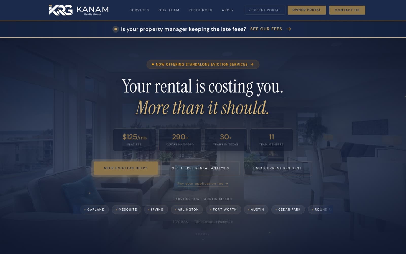 Kanam Realty Group homepage, a custom property management website built by Genesis Flow Labs